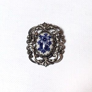Vintage Silver Brooch Pin Hand-painted Flower On Oval Porcelain Insert